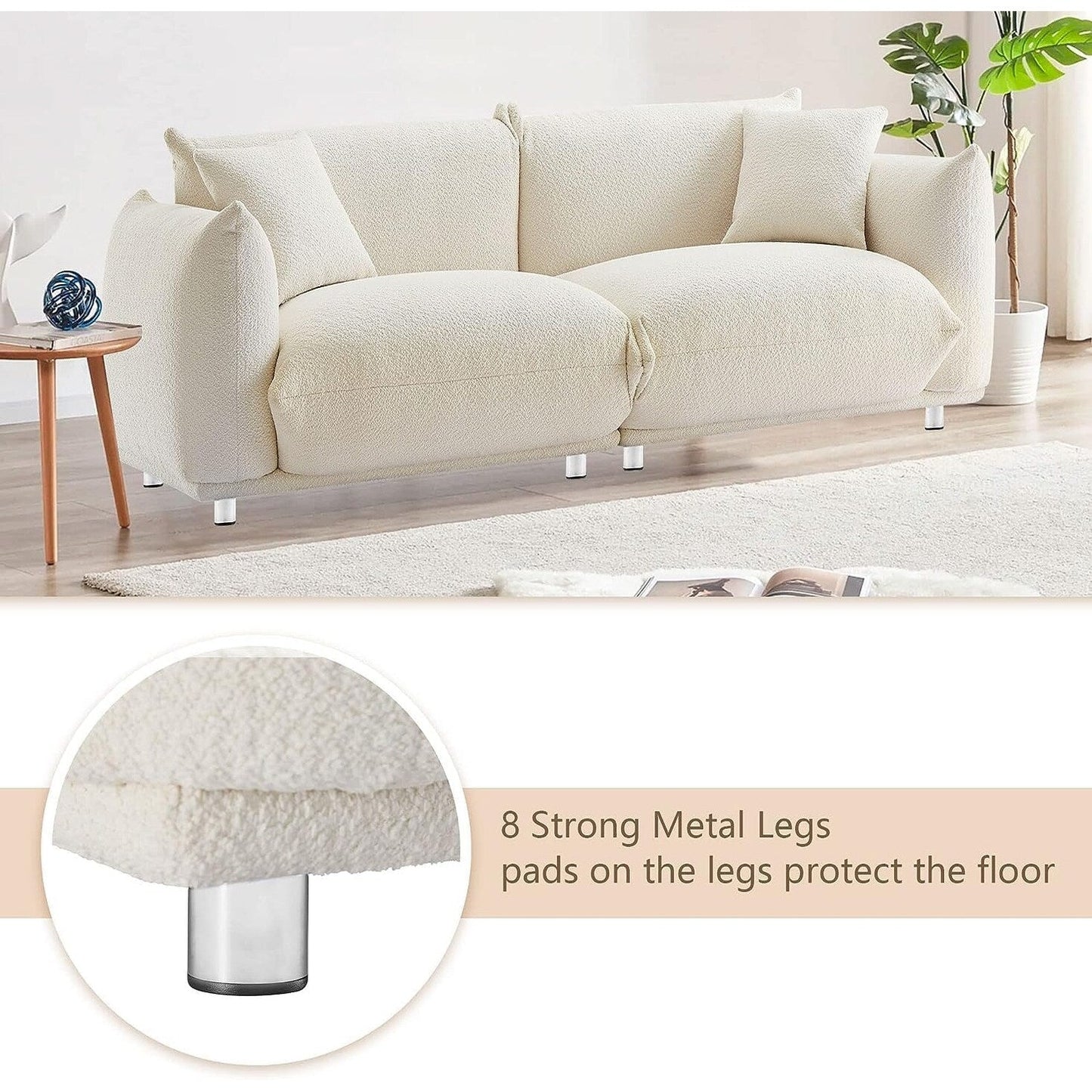 Weißes 87-Zoll-Übergrößen-Sofa mit Metallrahmen, 2 Kissen und strapazierfähiger Polsterung