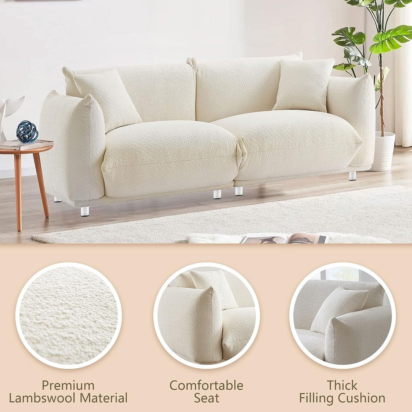 Weißes 87-Zoll-Übergrößen-Sofa mit Metallrahmen, 2 Kissen und strapazierfähiger Polsterung