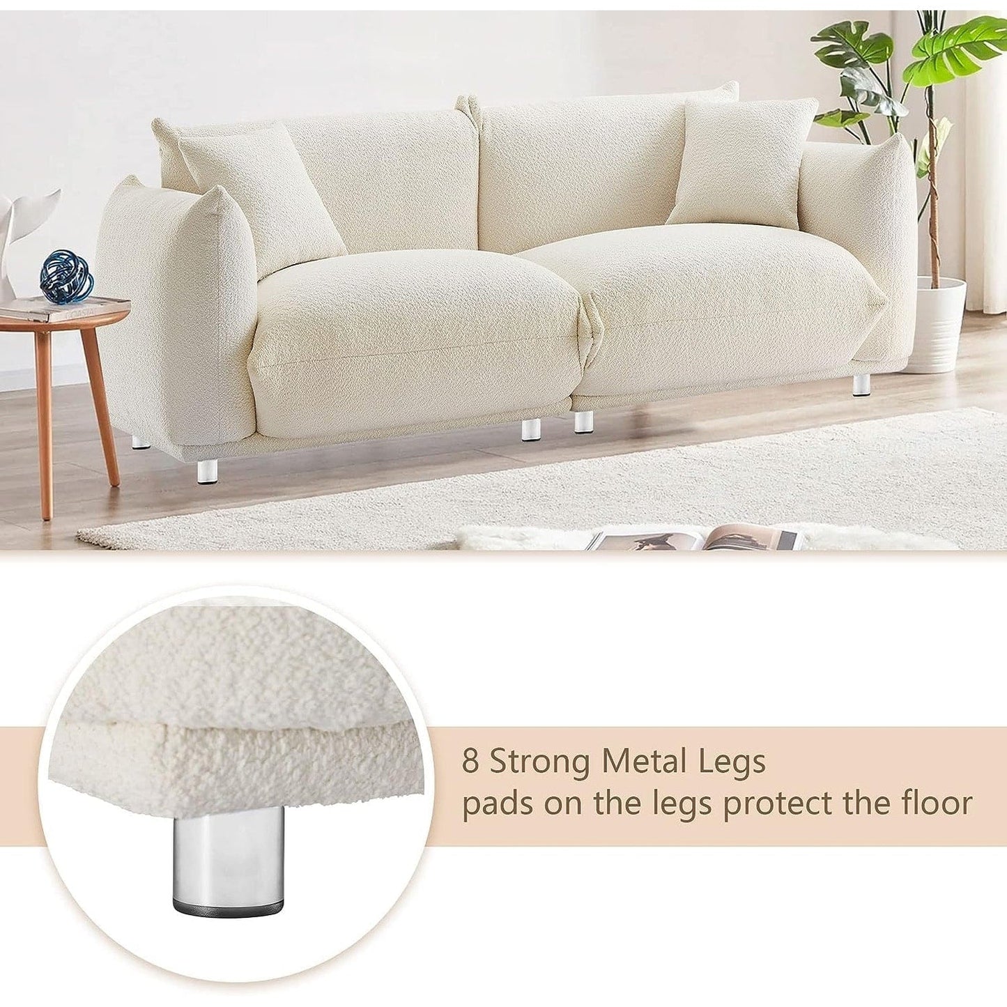 Weißes, übergroßes 220 cm großes Sofa mit Metallbeinen, Massivholzrahmen, 2 Kissen, plüschig und langlebig