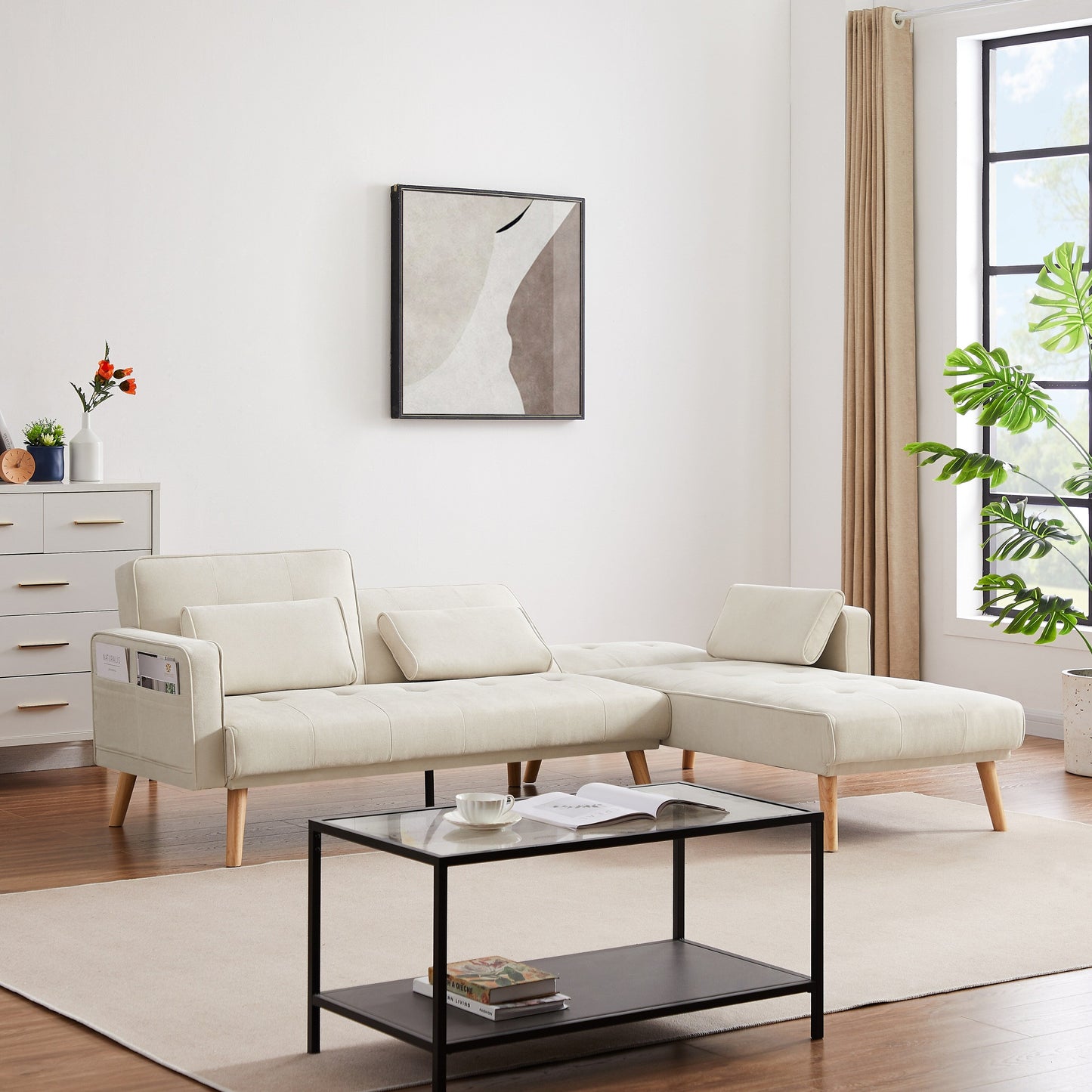 White 94.5 Linen L-Shaped Convertible Sofa with Right Chaise, Foam Cushions, and Storage Organizer