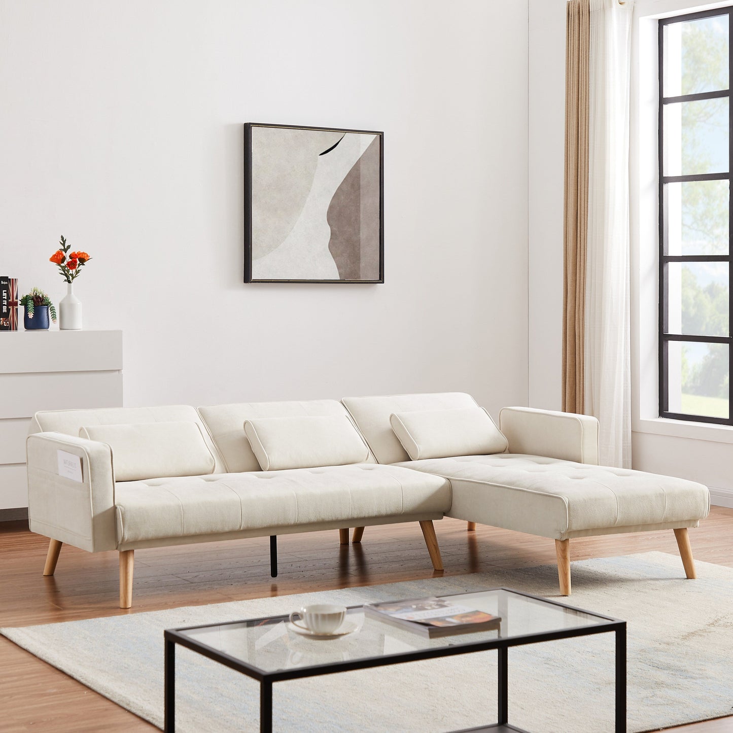 White 94.5 Linen L-Shaped Convertible Sofa with Right Chaise, Foam Cushions, and Storage Organizer
