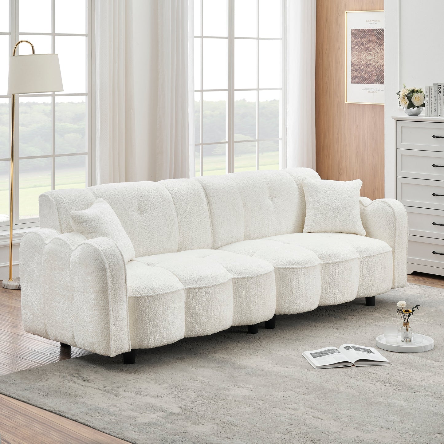 White 96.06 Teddy Plush 3-seater Special Cloud Design Sofa with Thick Foam Seat and Pillows for Living Room