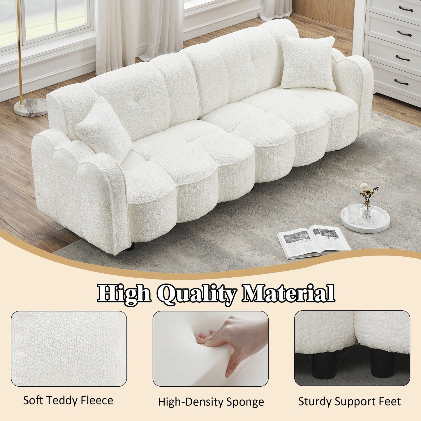 White 96.06 Teddy Plush 3-seater Special Cloud Design Sofa with Thick Foam Seat and Pillows for Living Room