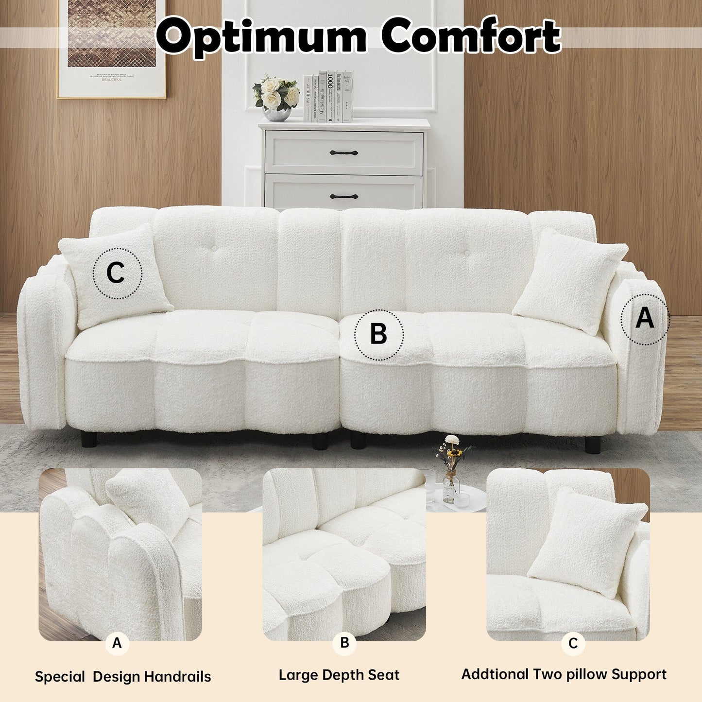 White 96.06 Teddy Plush 3-seater Special Cloud Design Sofa with Thick Foam Seat and Pillows for Living Room
