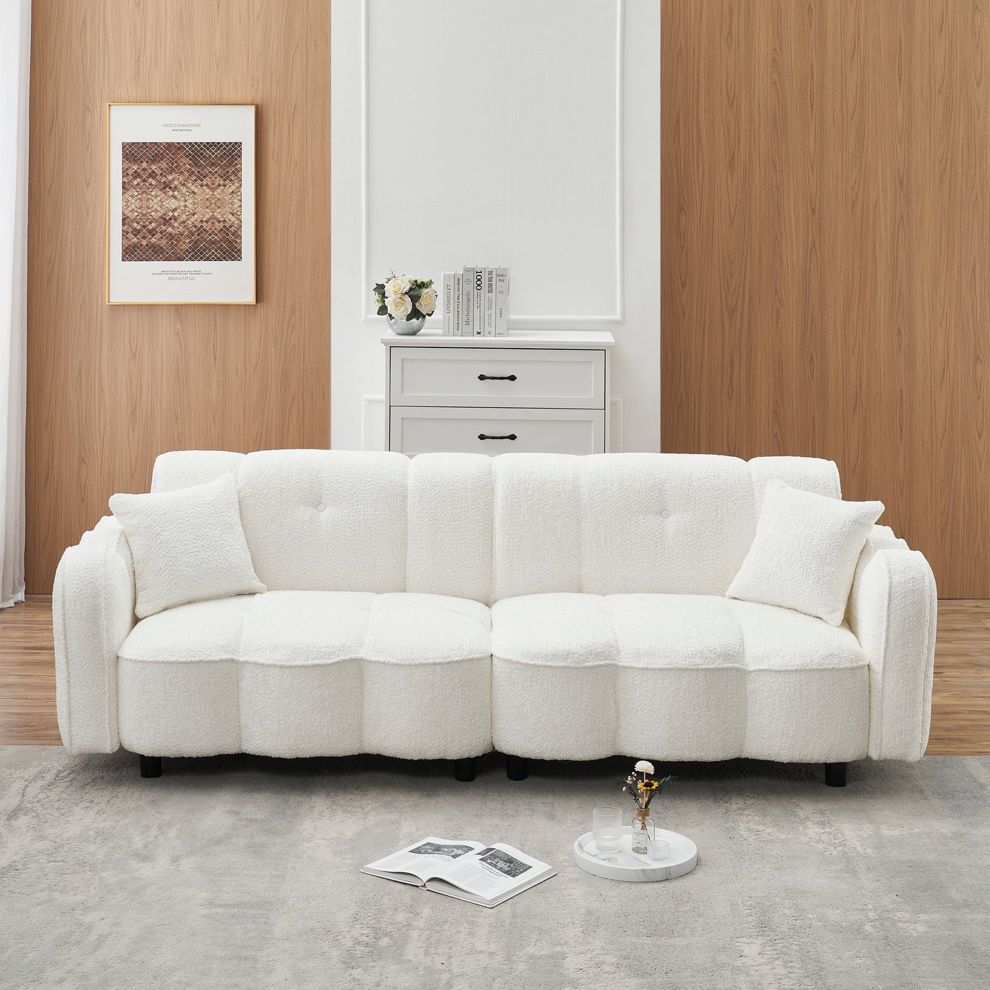 White 96.06 Teddy Plush 3-seater Special Cloud Design Sofa with Thick Foam Seat and Pillows for Living Room