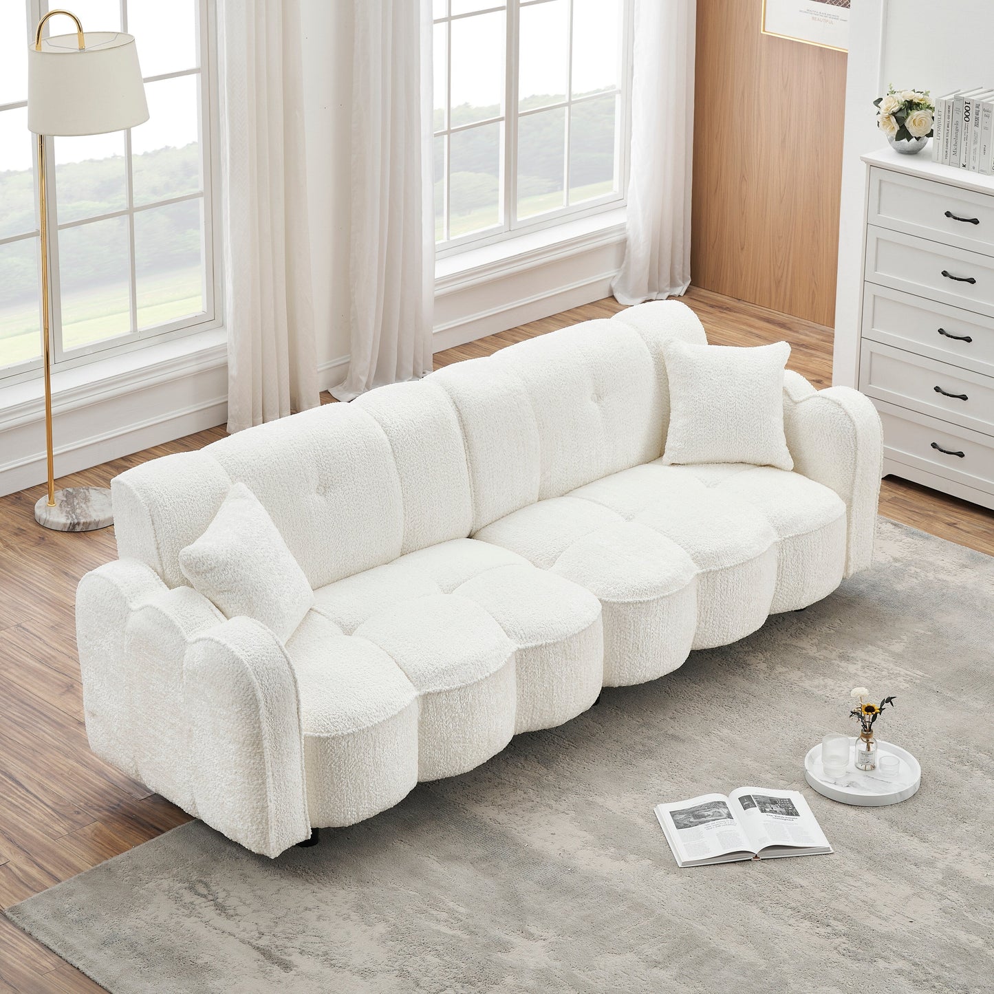 White 96.06 Teddy Plush 3-seater Special Cloud Design Sofa with Thick Foam Seat and Pillows for Living Room