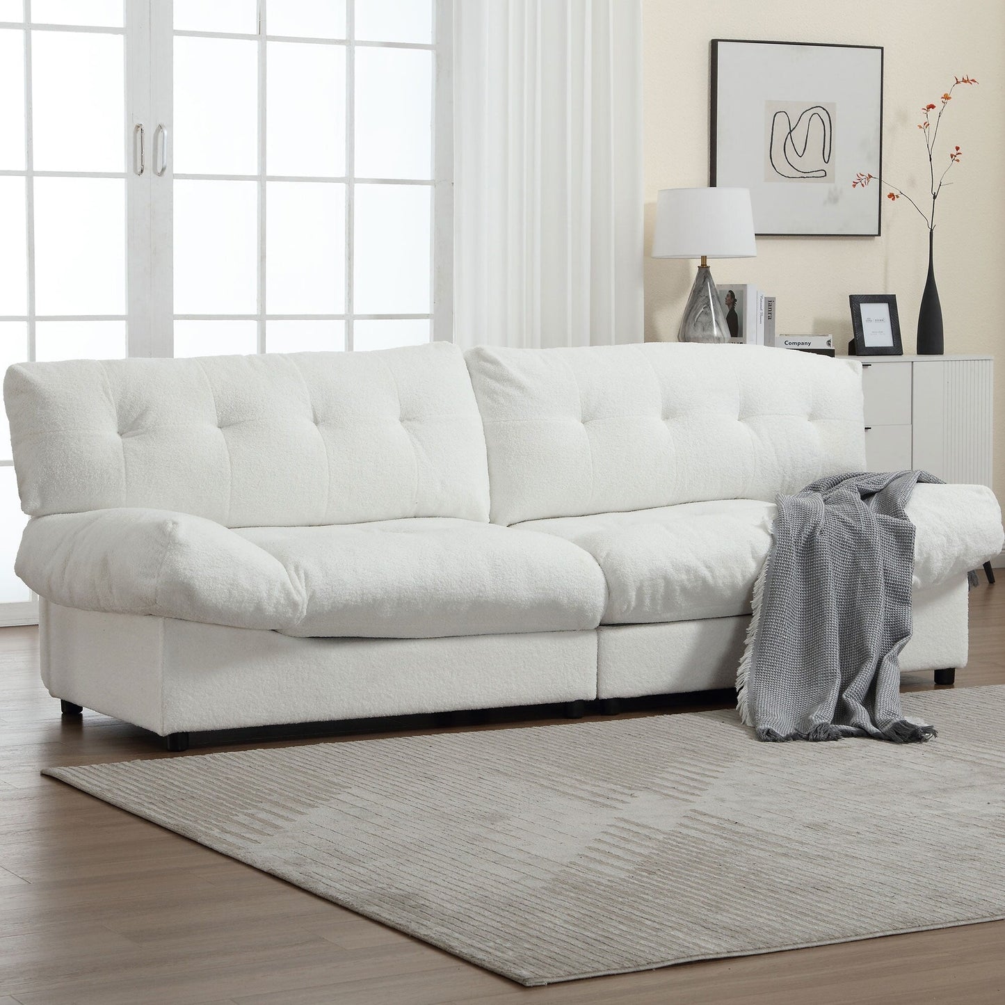 Weißes 96.46-Stoff-2-Sitzer-Sofa mit Knopfheftung, bequemer und stabiler Rahmen für Wohnungen und Wohnzimmer