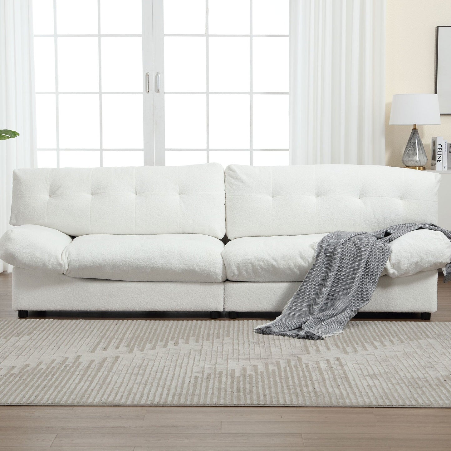 Weißes 245 cm großes 2-Sitzer-Sofa aus Stoff mit Knopfheftung, bequemer Rahmen