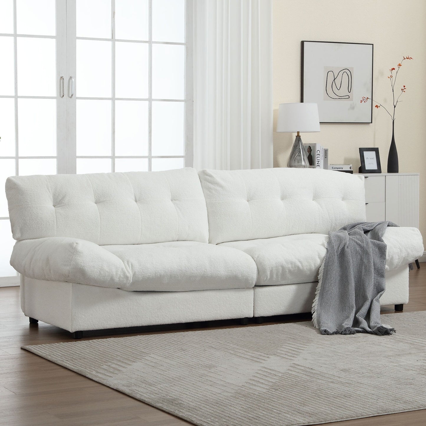Weißes 244 cm großes 2-Sitzer-Sofa aus Stoff mit Knopfheftung, bequemer und stabiler Rahmen für Wohnzimmer und Wohnung