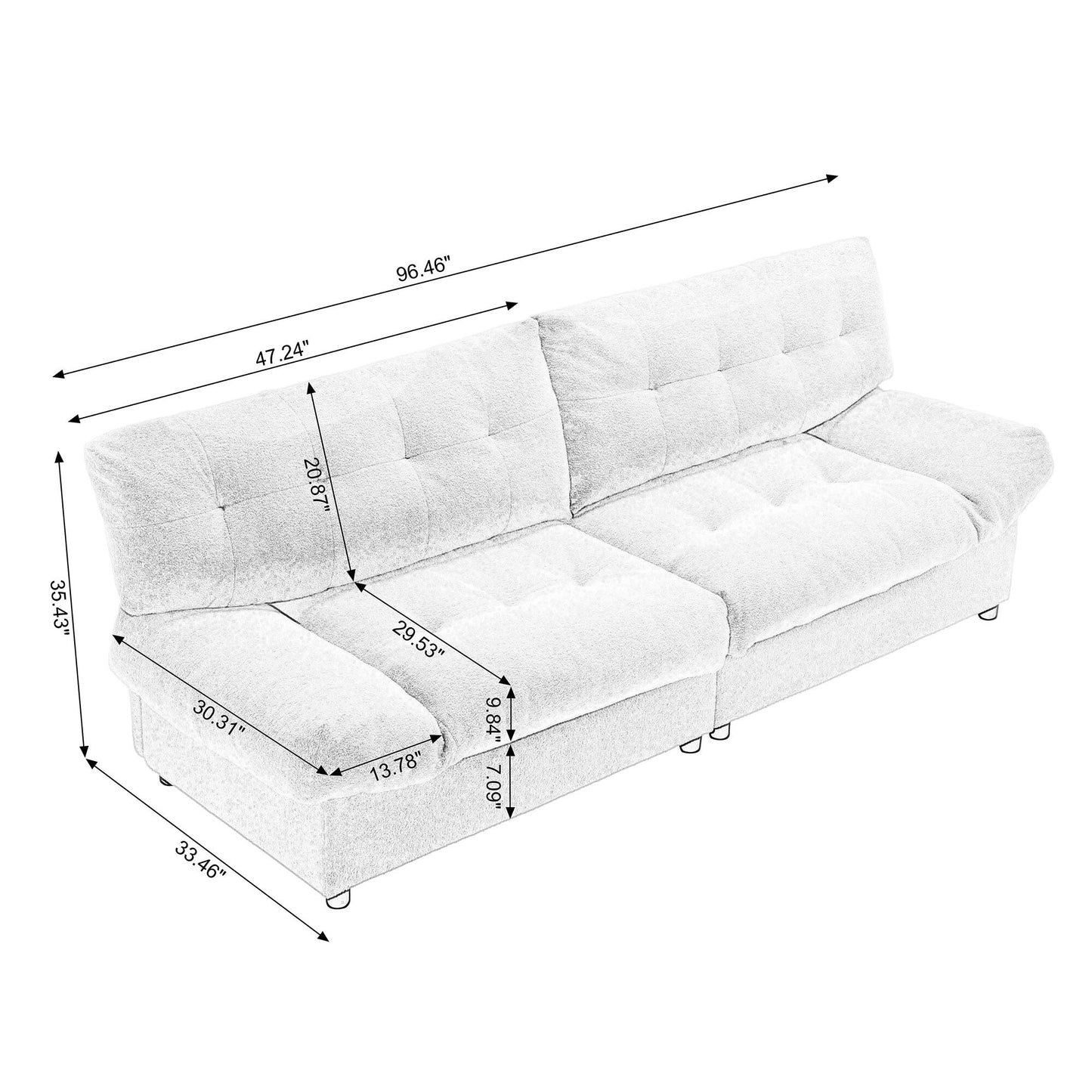 Weißes 244 cm großes 2-Sitzer-Sofa aus Stoff mit Knopfheftung, bequemer und stabiler Rahmen für Wohnzimmer und Wohnung