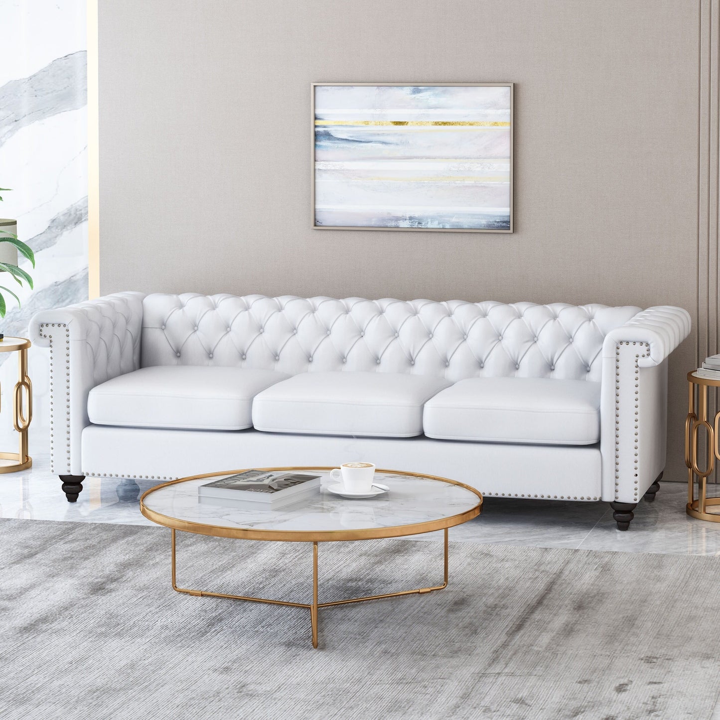 White Chesterfield 83 Button Tufted Upholstered 3-seater Sofa with Nailheads and Wood Legs for Living Room