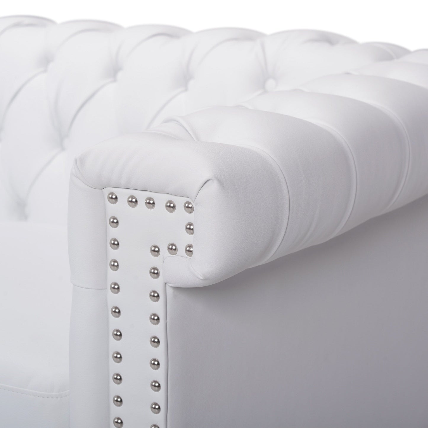 White Chesterfield 83 Button Tufted Upholstered 3-seater Sofa with Nailheads and Wood Legs for Living Room