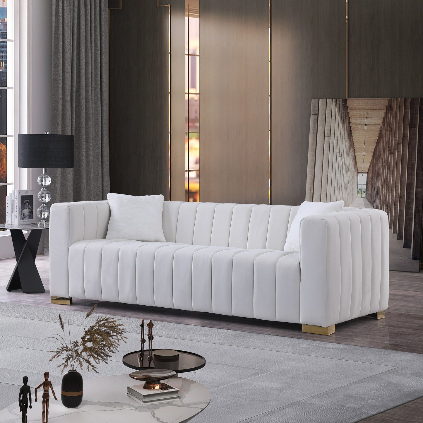 White Chesterfield 87.01 Velvet Channel Tufted 3-seater Sofa with Pillows for Living Room