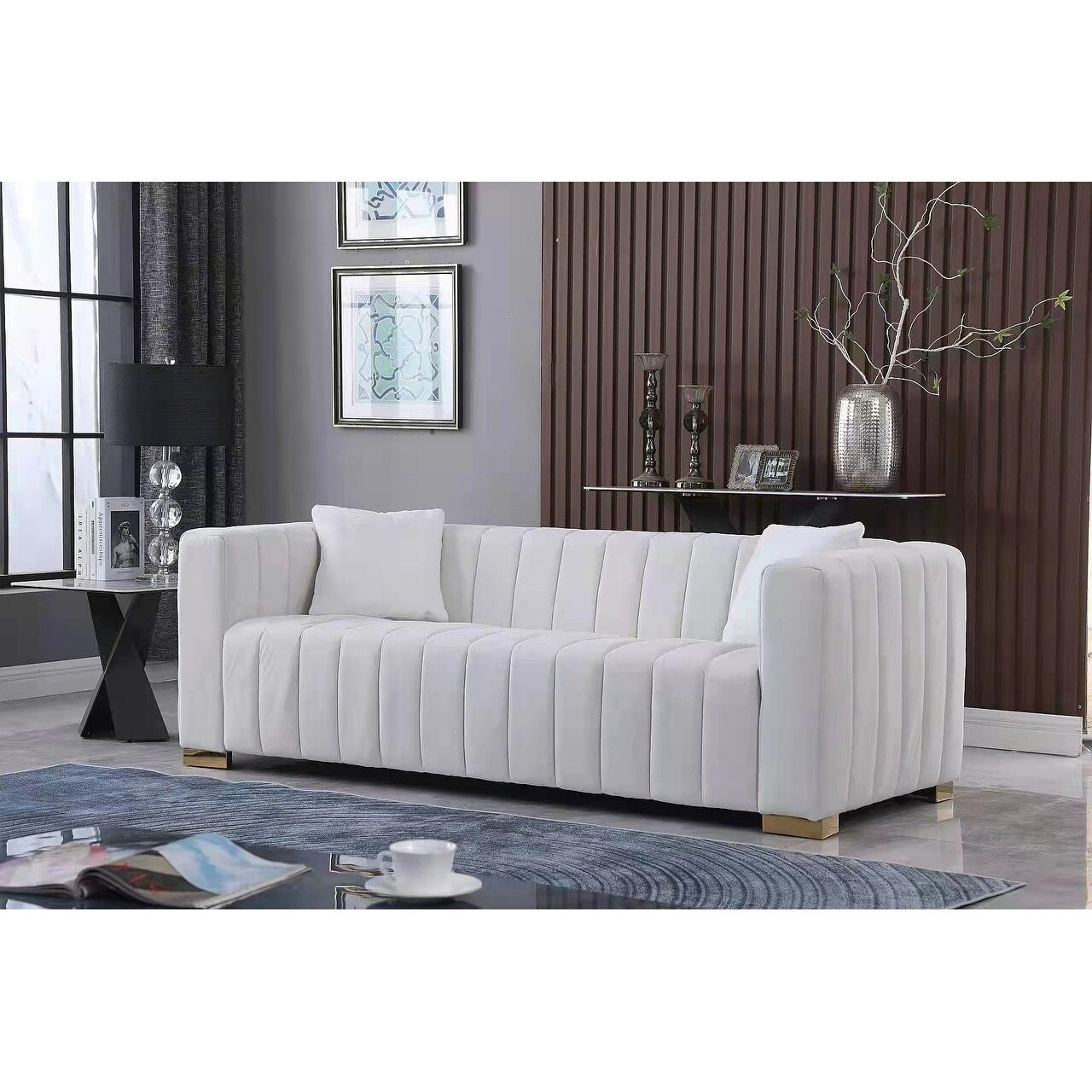 White Chesterfield 87.01 Velvet Channel Tufted 3-seater Sofa with Pillows for Living Room