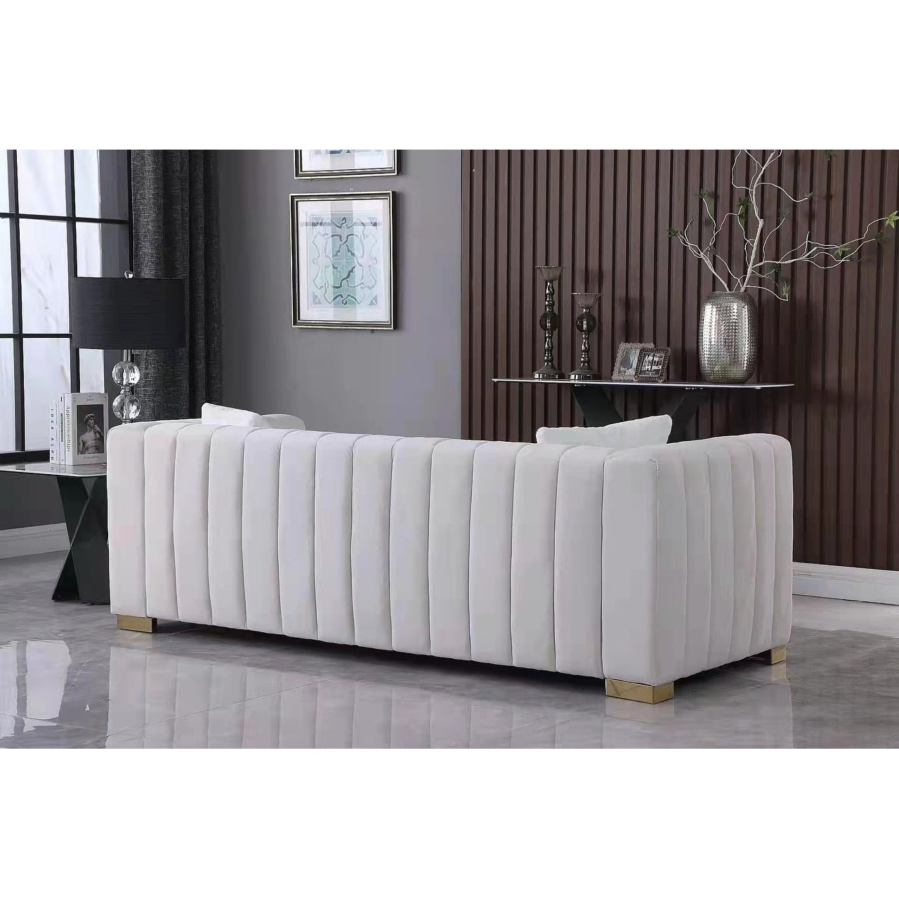 White Chesterfield 87.01 Velvet Channel Tufted 3-seater Sofa with Pillows for Living Room