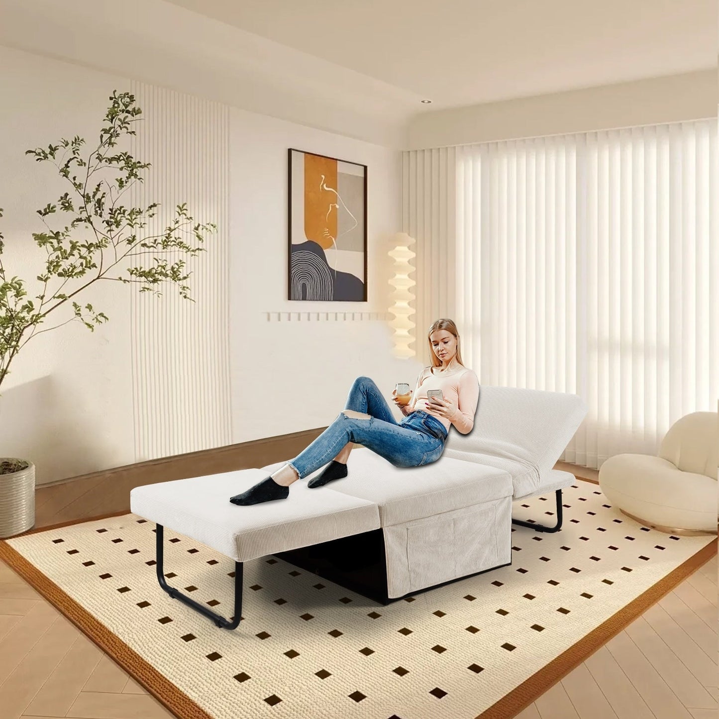 White Corduroy Single Convertible Sofa Bed with Reclining Backrest