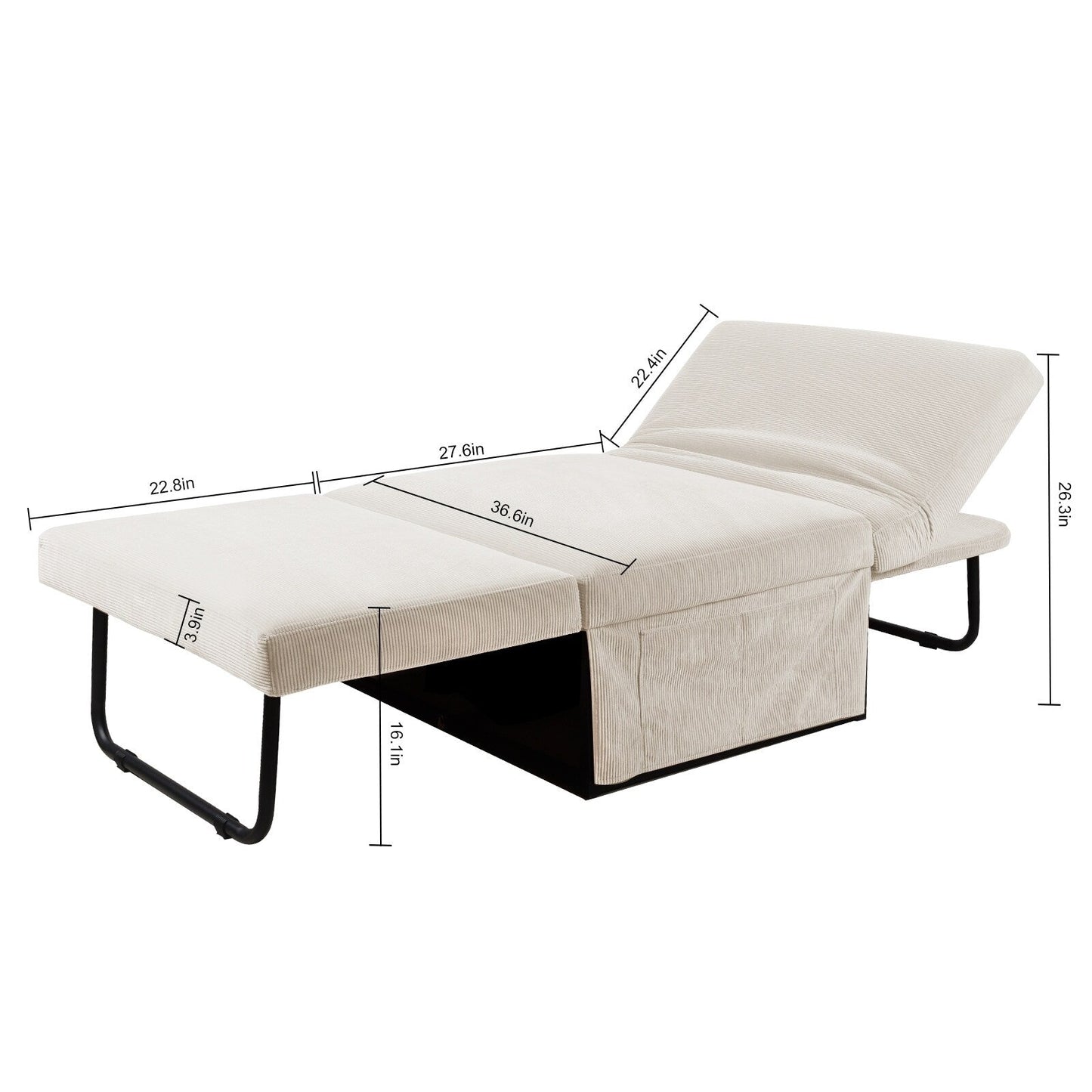 White Corduroy Single Convertible Sofa Bed with Reclining Backrest