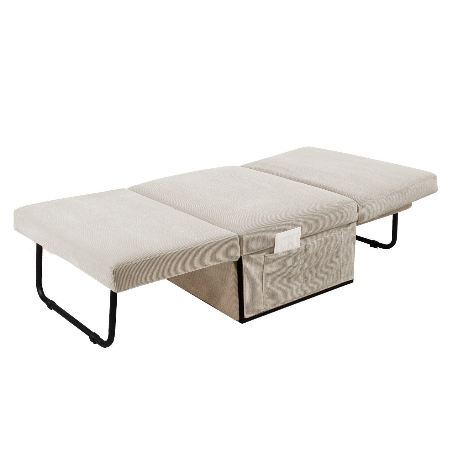 White Corduroy Single Convertible Sofa Bed with Reclining Backrest