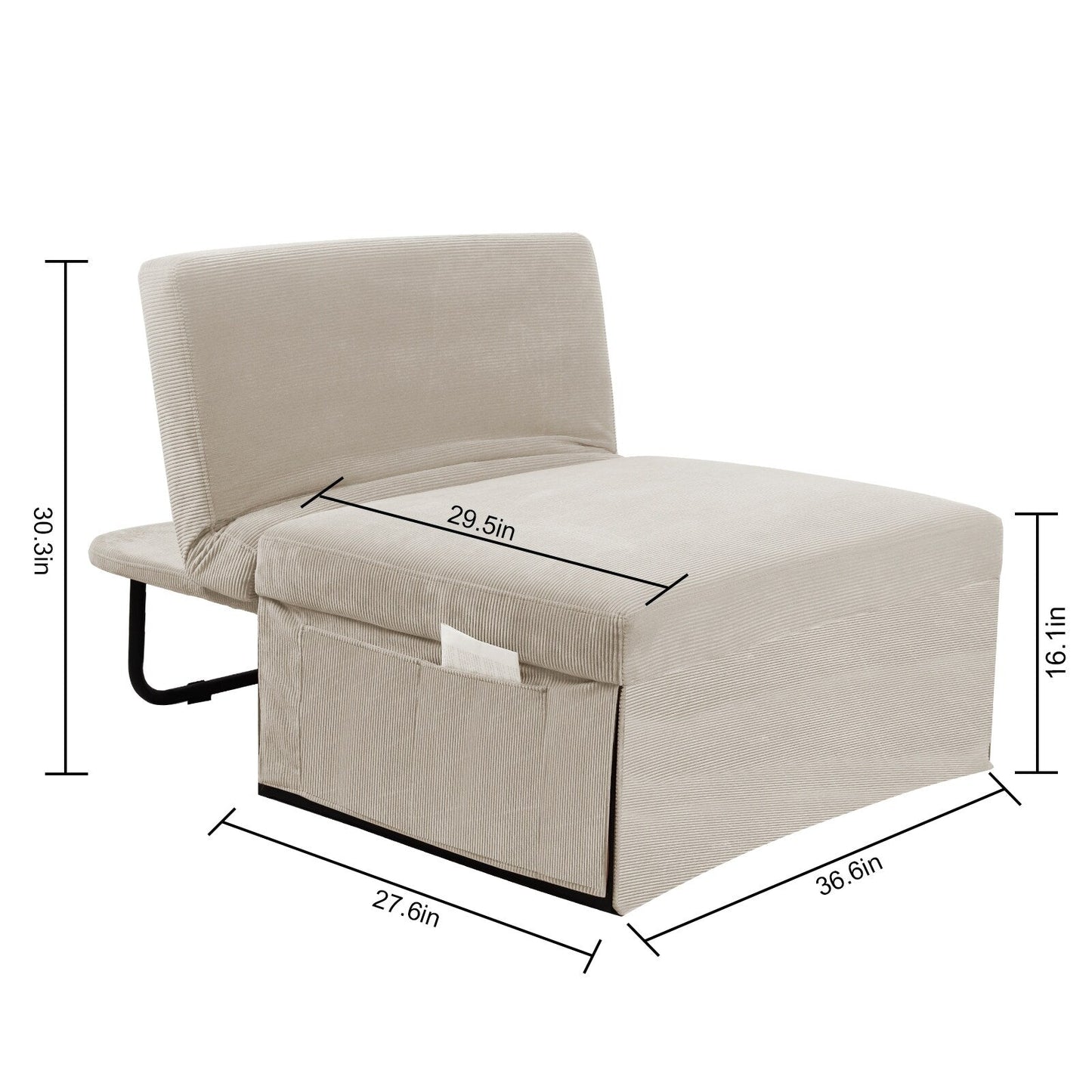 White Corduroy Single Convertible Sofa Bed with Reclining Backrest