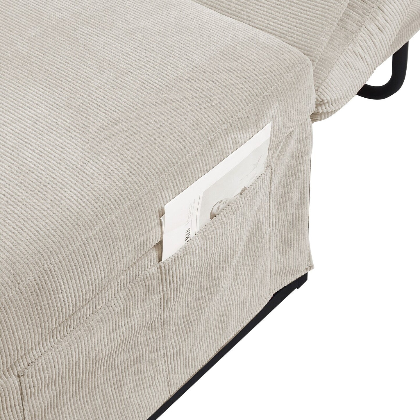 White Corduroy Single Convertible Sofa Bed with Reclining Backrest