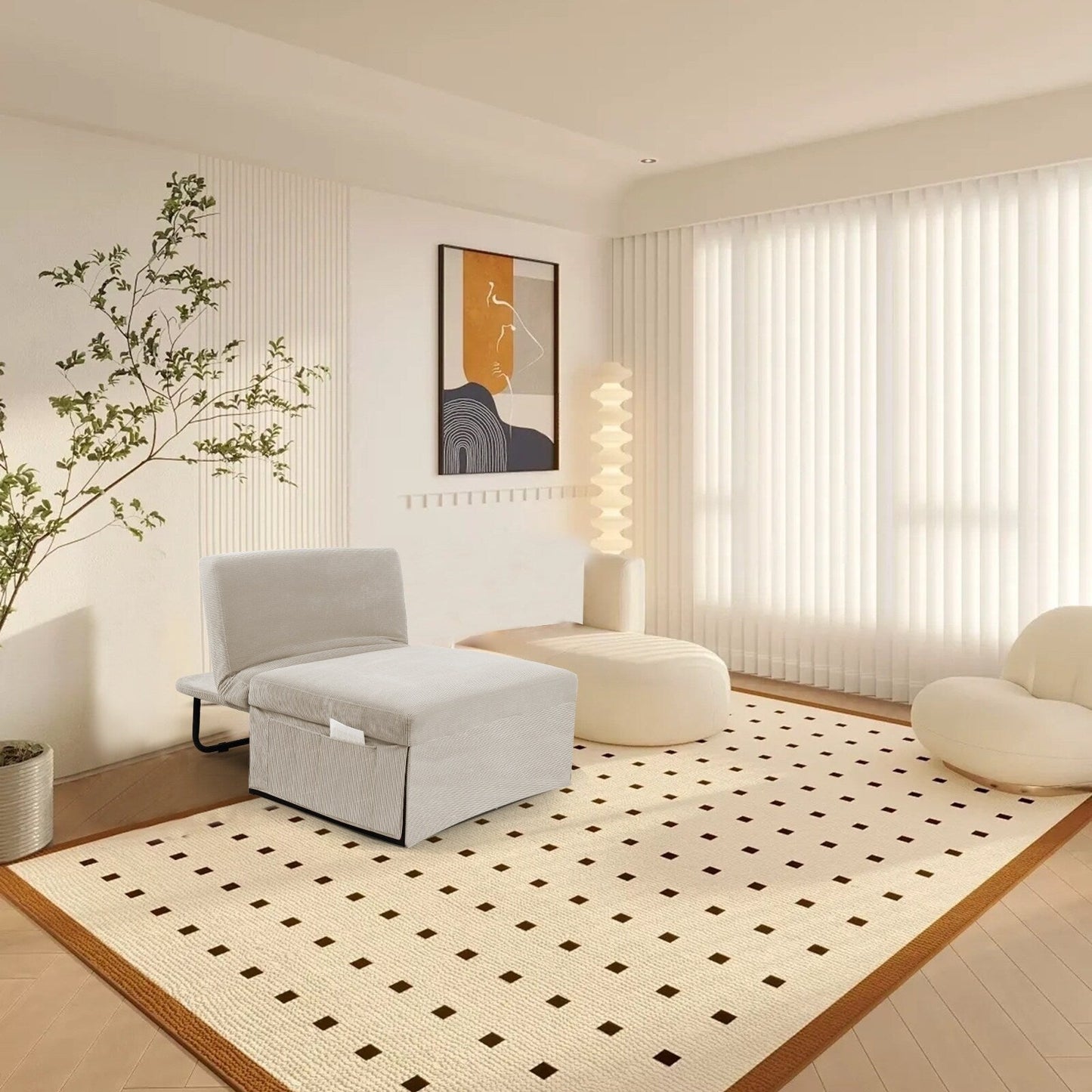 White Corduroy Single Convertible Sofa Bed with Reclining Backrest