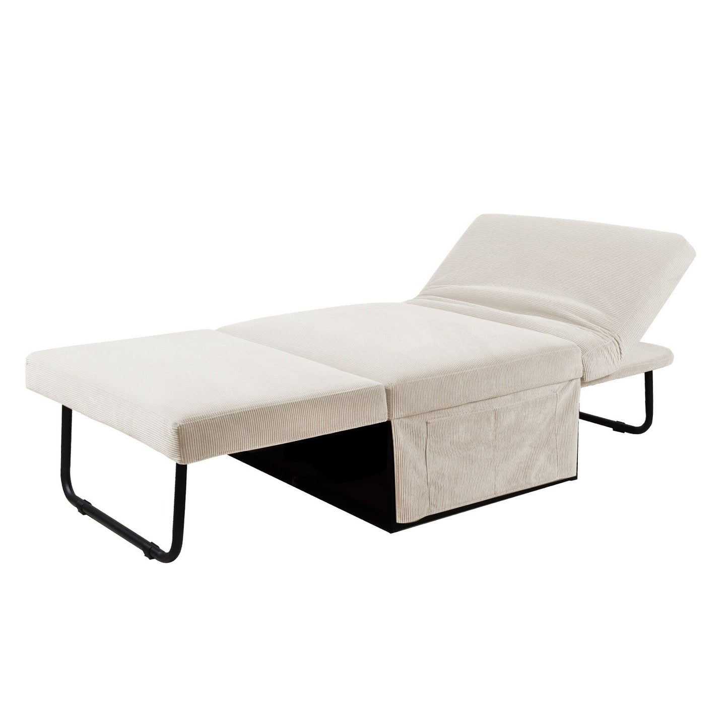 White Corduroy Single Convertible Sofa Bed with Reclining Backrest