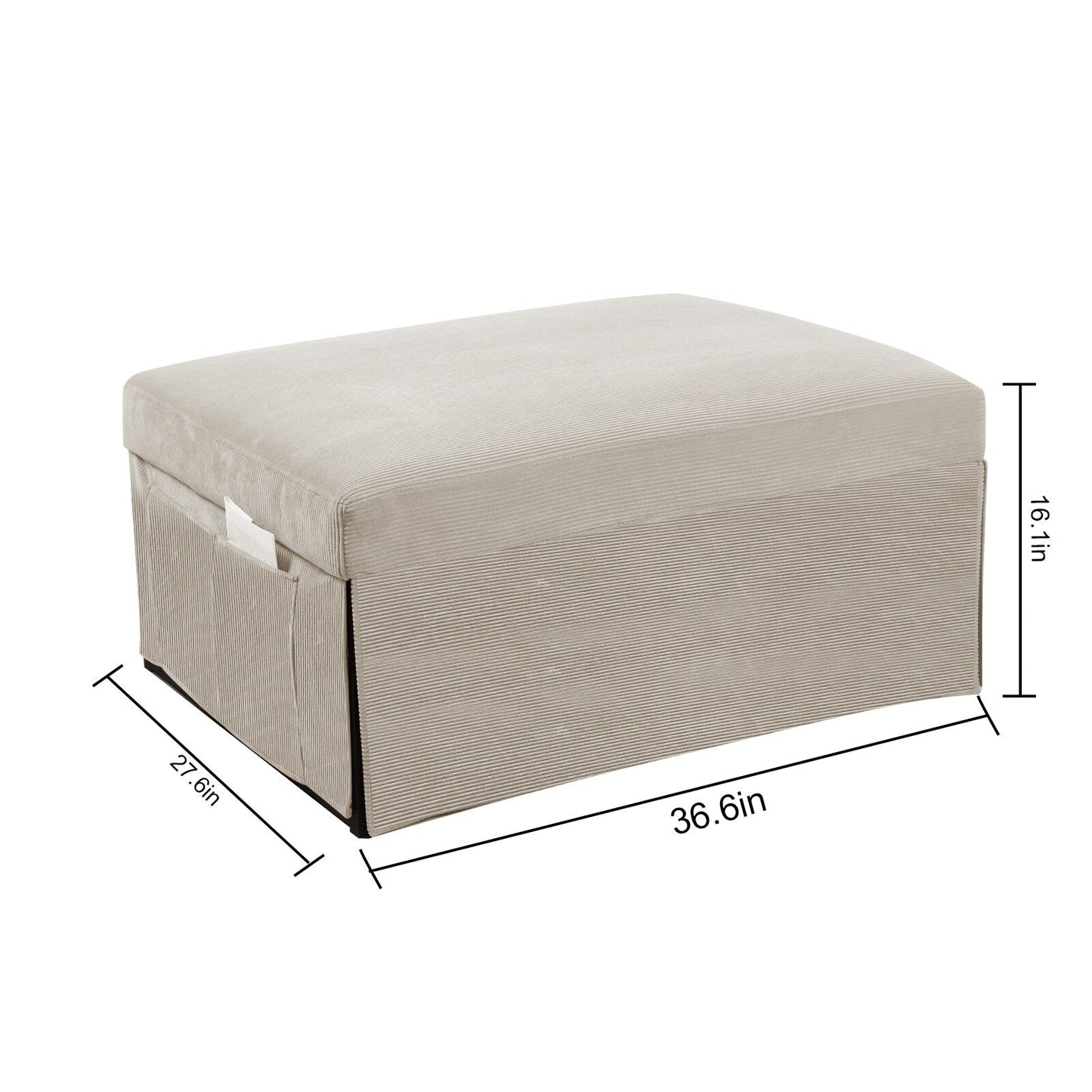White Corduroy Single Convertible Sofa Bed with Reclining Backrest