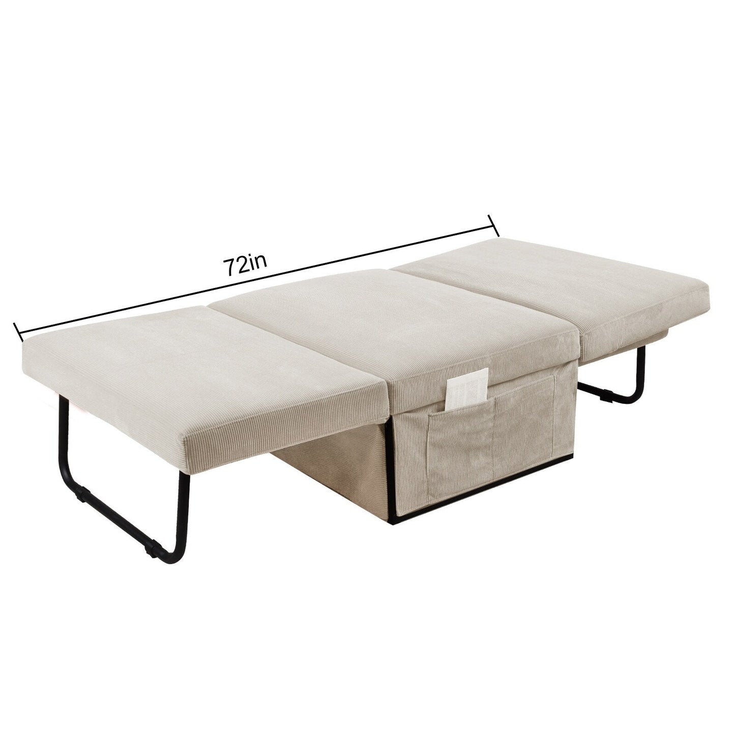 White Corduroy Single Convertible Sofa Bed with Reclining Backrest