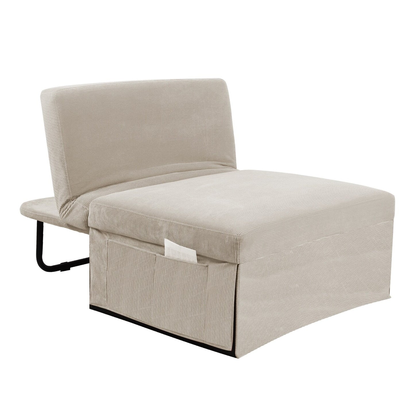 White Corduroy Single Convertible Sofa Bed with Reclining Backrest