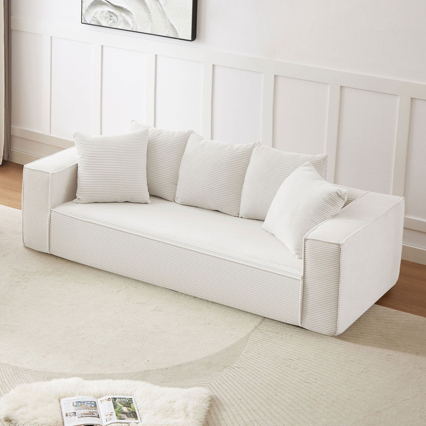 White Corduroy Upholstered 3-seater Sofa with 5 Toss Pillows