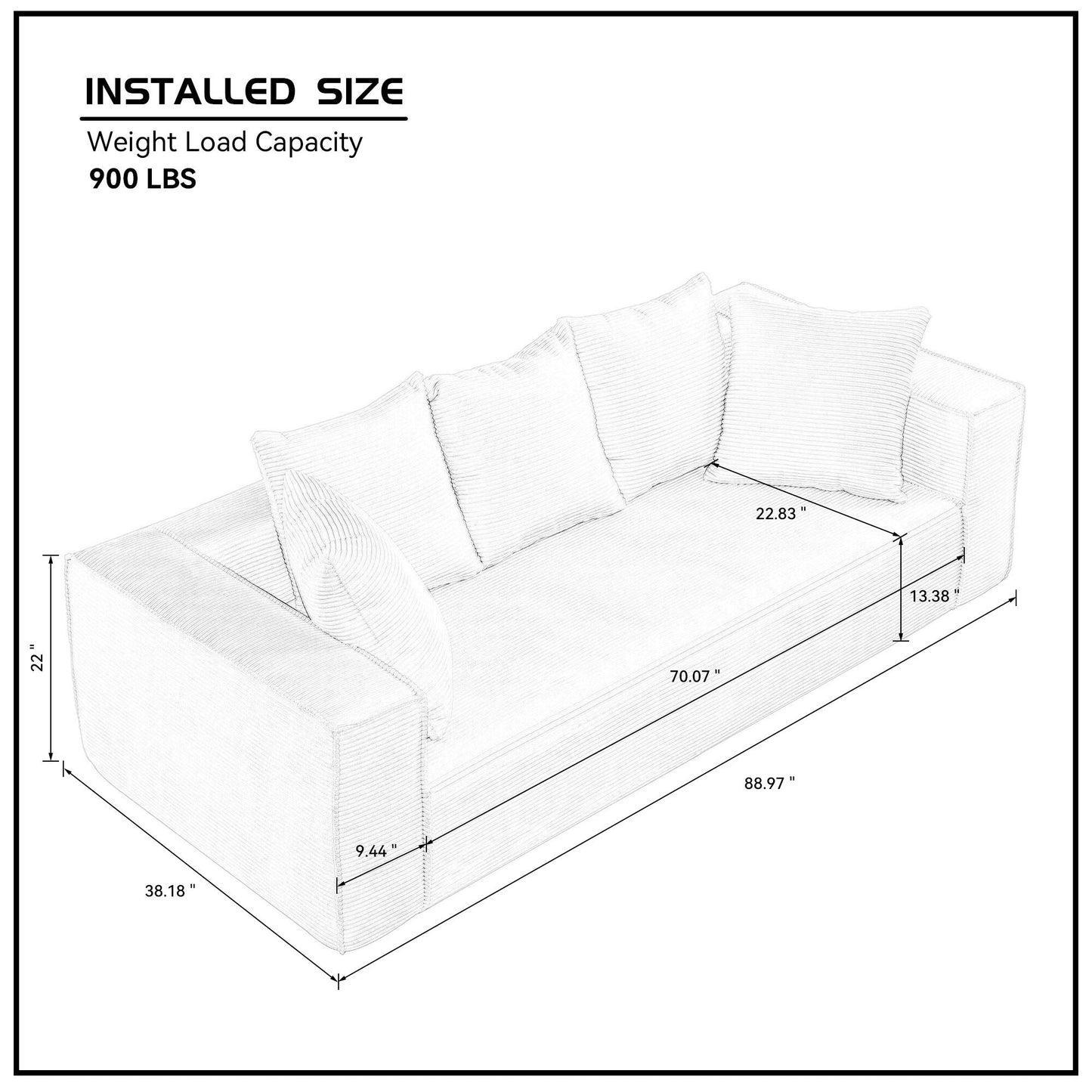 White Corduroy Upholstered 3-seater Sofa with 5 Toss Pillows