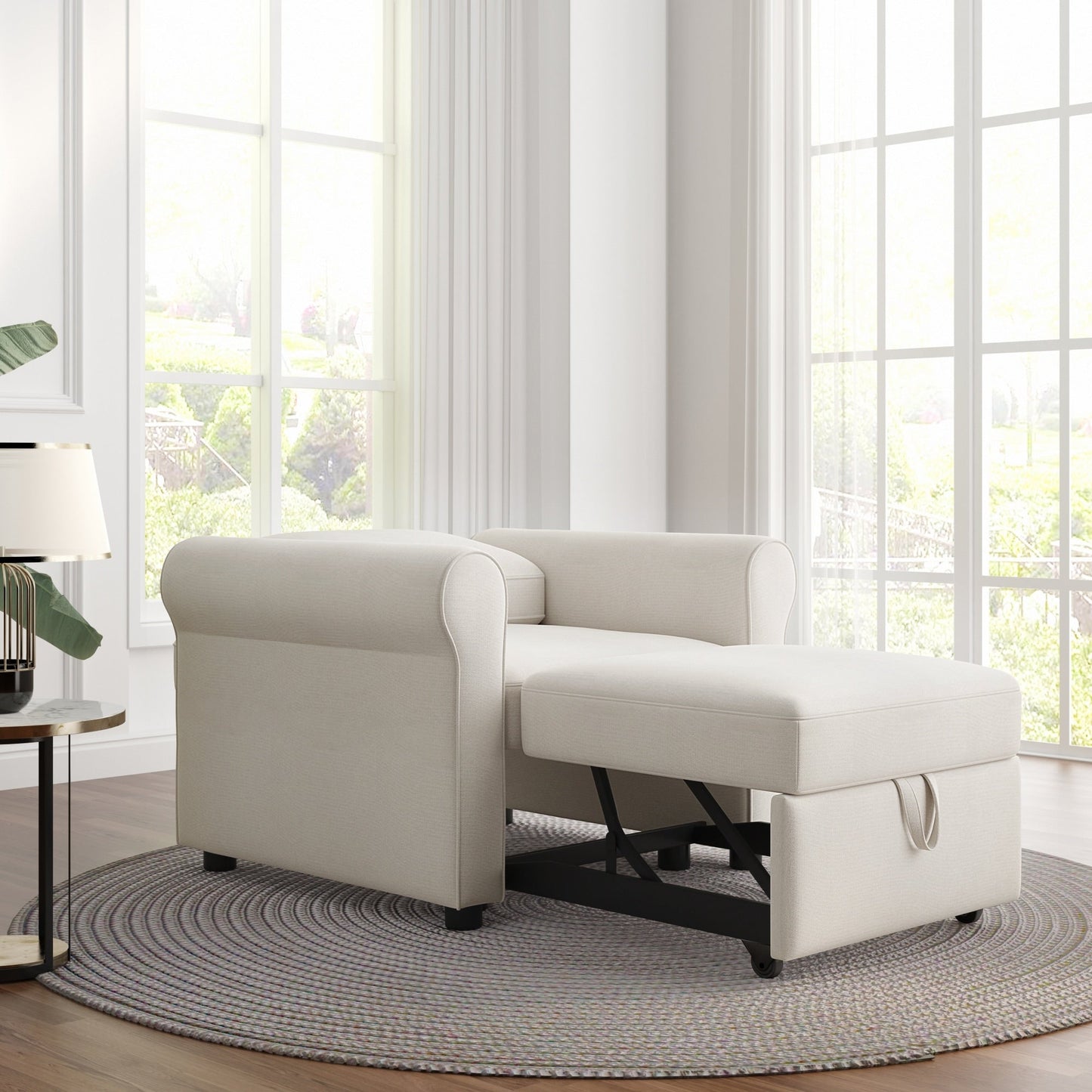 White Linen Convertible Single Sofa Bed with Adjustable Backrest