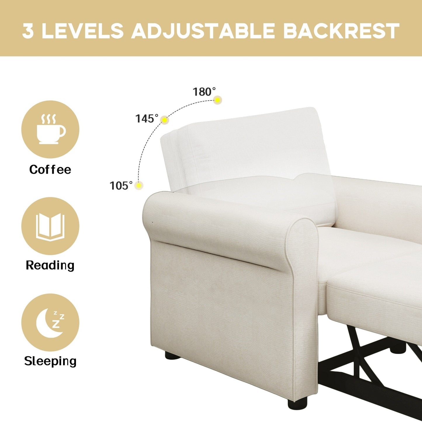White Linen Convertible Single Sofa Bed with Adjustable Backrest