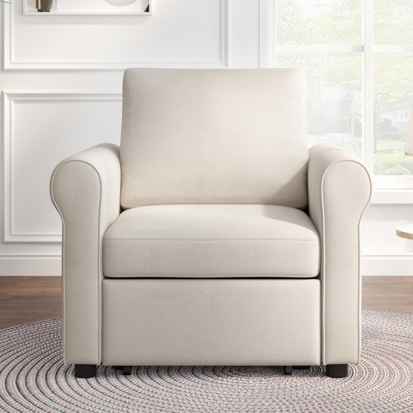White Linen Convertible Single Sofa Bed with Adjustable Backrest