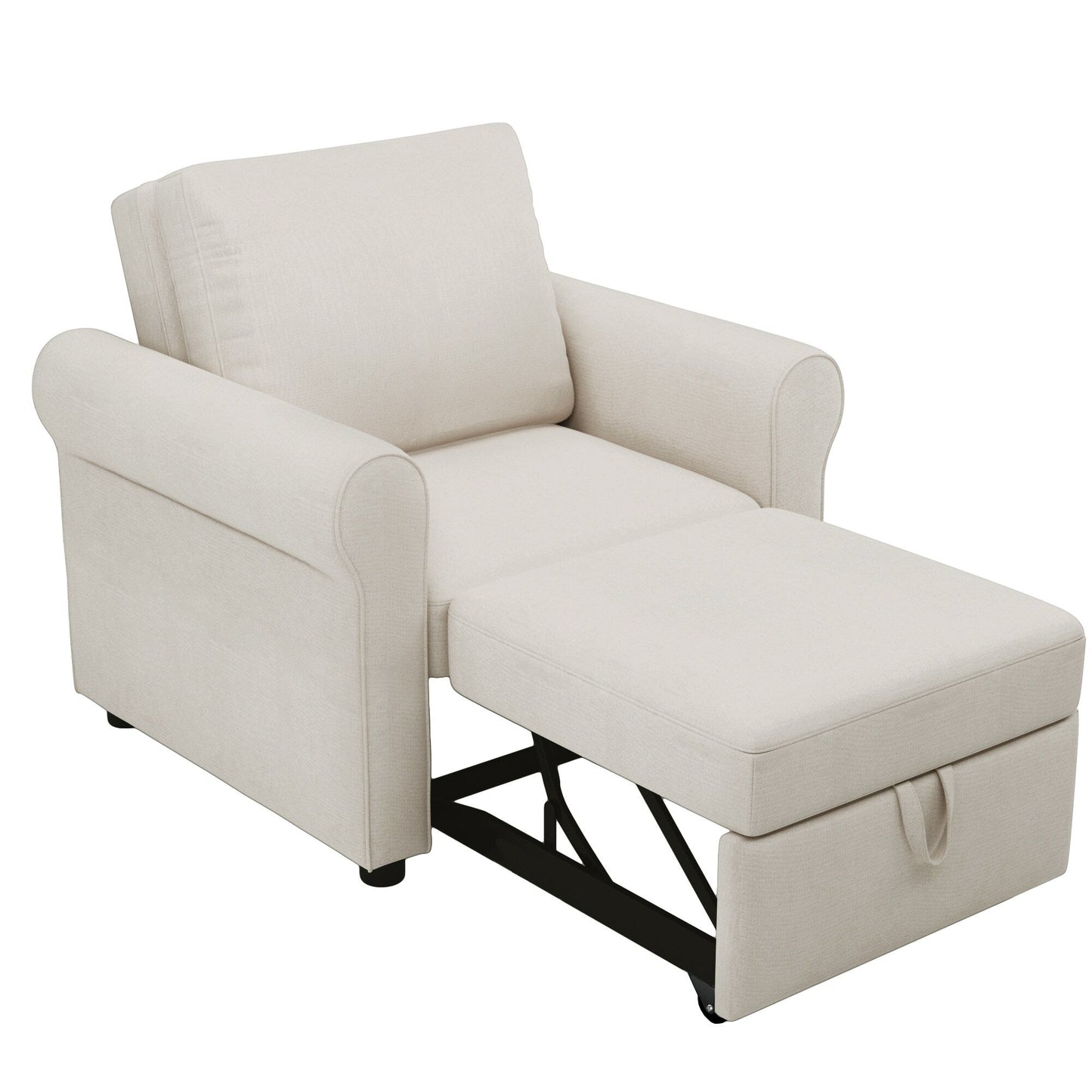 White Linen Convertible Single Sofa Bed with Adjustable Backrest