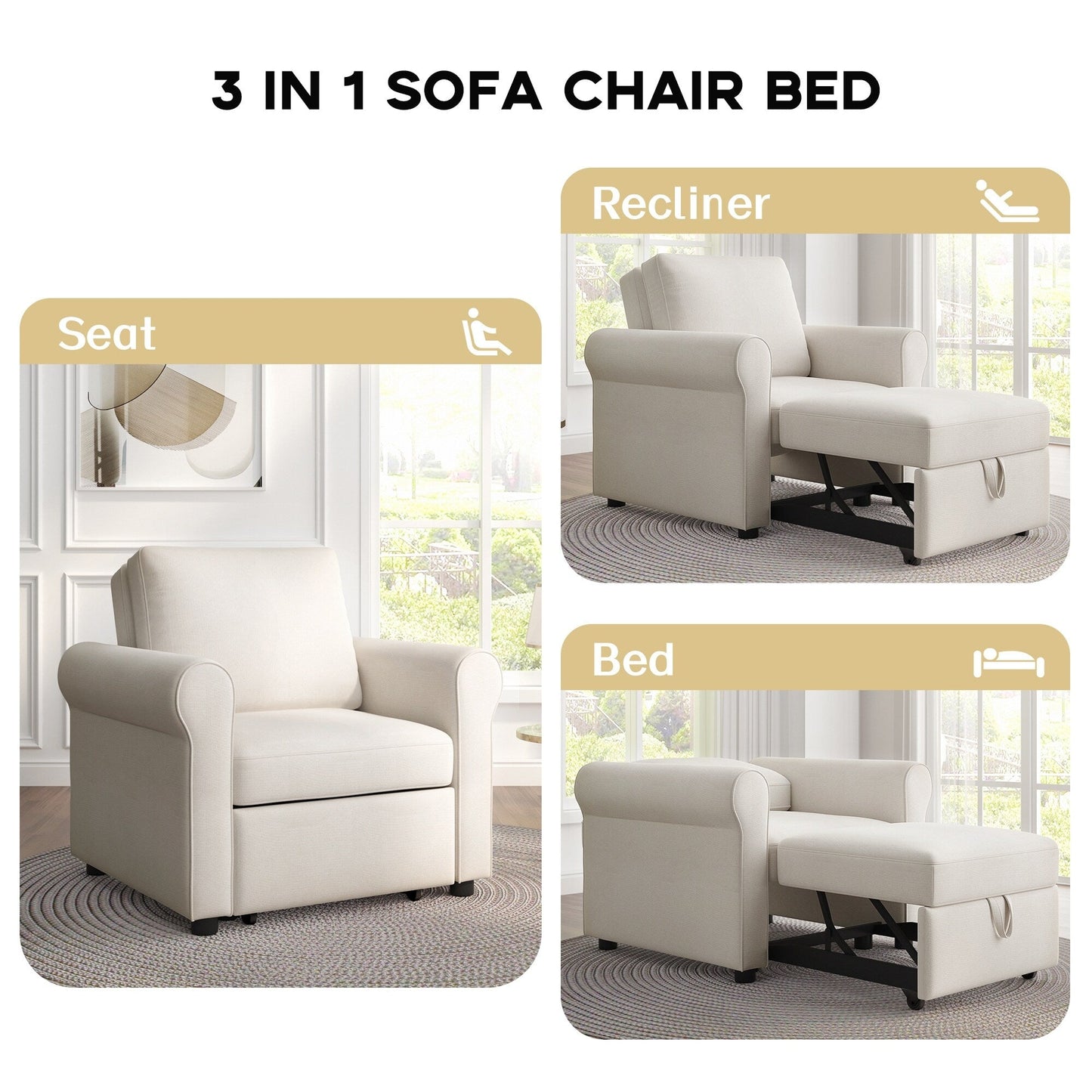 White Linen Convertible Single Sofa Bed with Adjustable Backrest