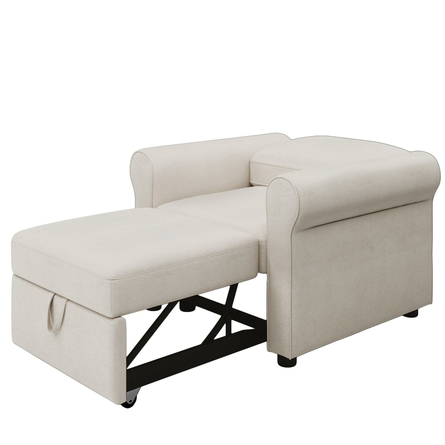 White Linen Convertible Single Sofa Bed with Adjustable Backrest