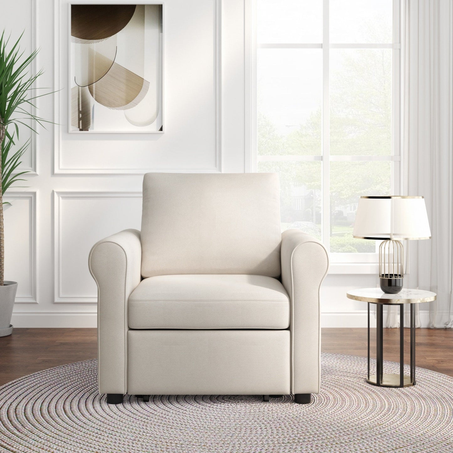 White Linen Convertible Single Sofa Bed with Adjustable Backrest
