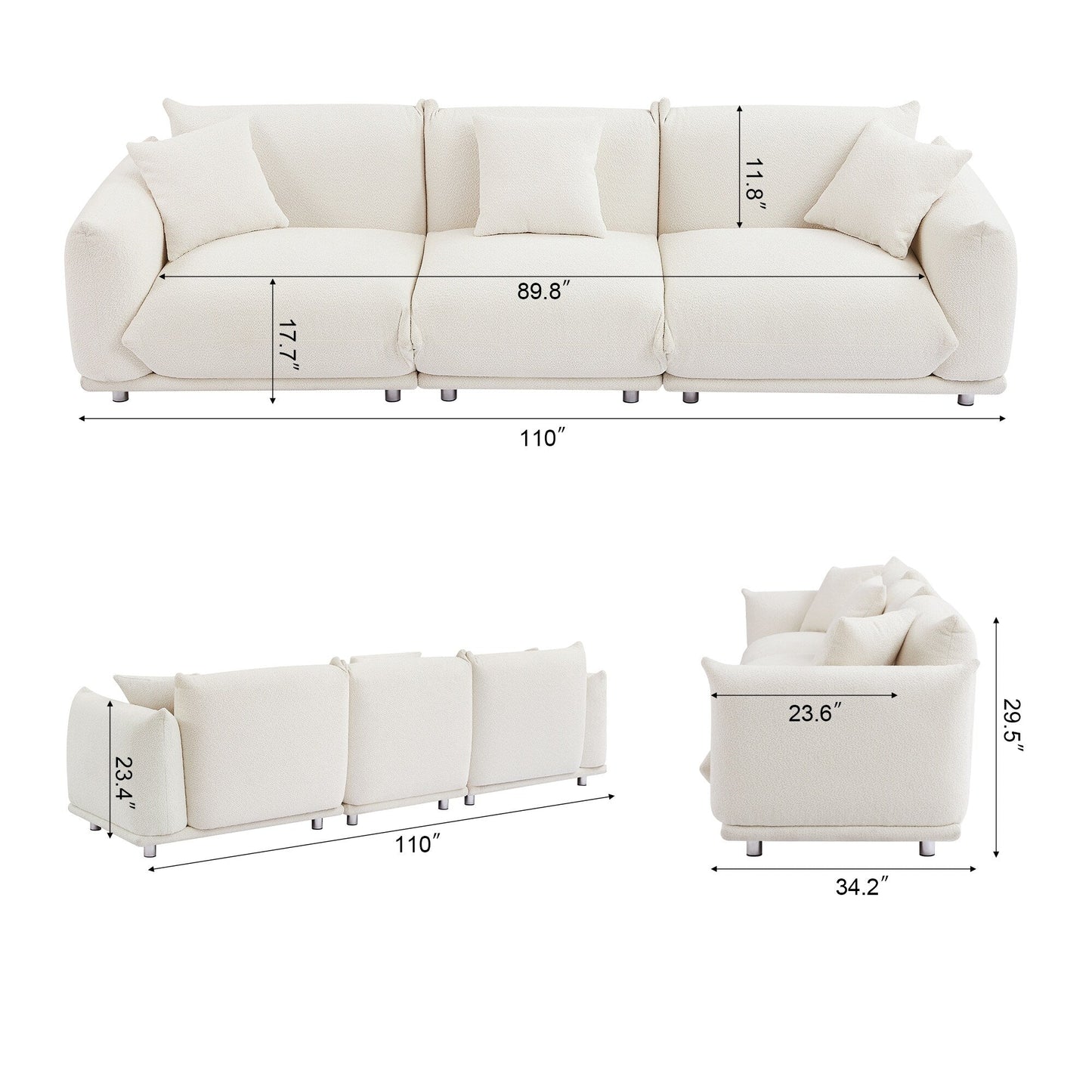 White Modern 111 Oversized 3-seater Sofa with Metal Legs and Solid Wood Frame for Living Room