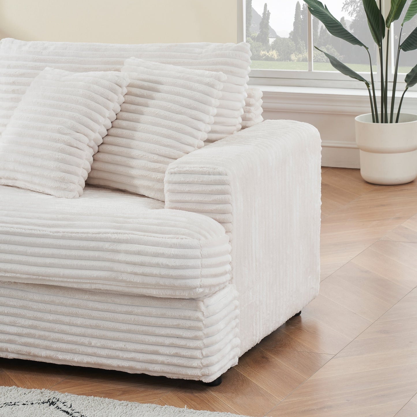 White Modern 79.3 Corduroy 3-seater Sofa with 4 Matching Toss Pillows and Individual Spring Cushion for Living Room