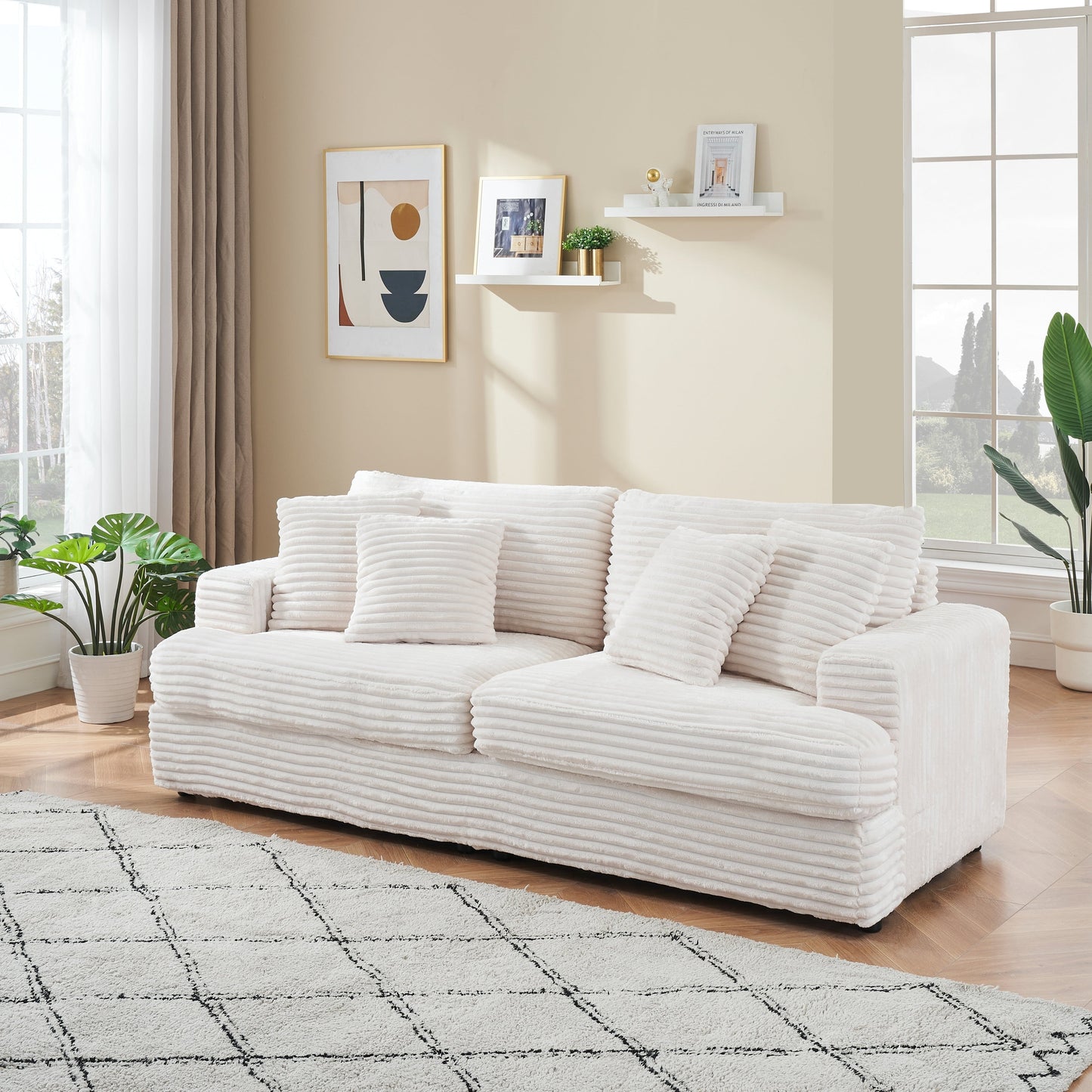 White Modern 79.3 Corduroy 3-seater Sofa with 4 Matching Toss Pillows and Individual Spring Cushion for Living Room