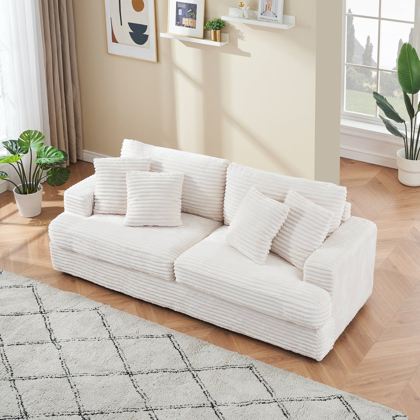 White Modern 79.3 Corduroy 3-seater Sofa with 4 Matching Toss Pillows and Individual Spring Cushion for Living Room