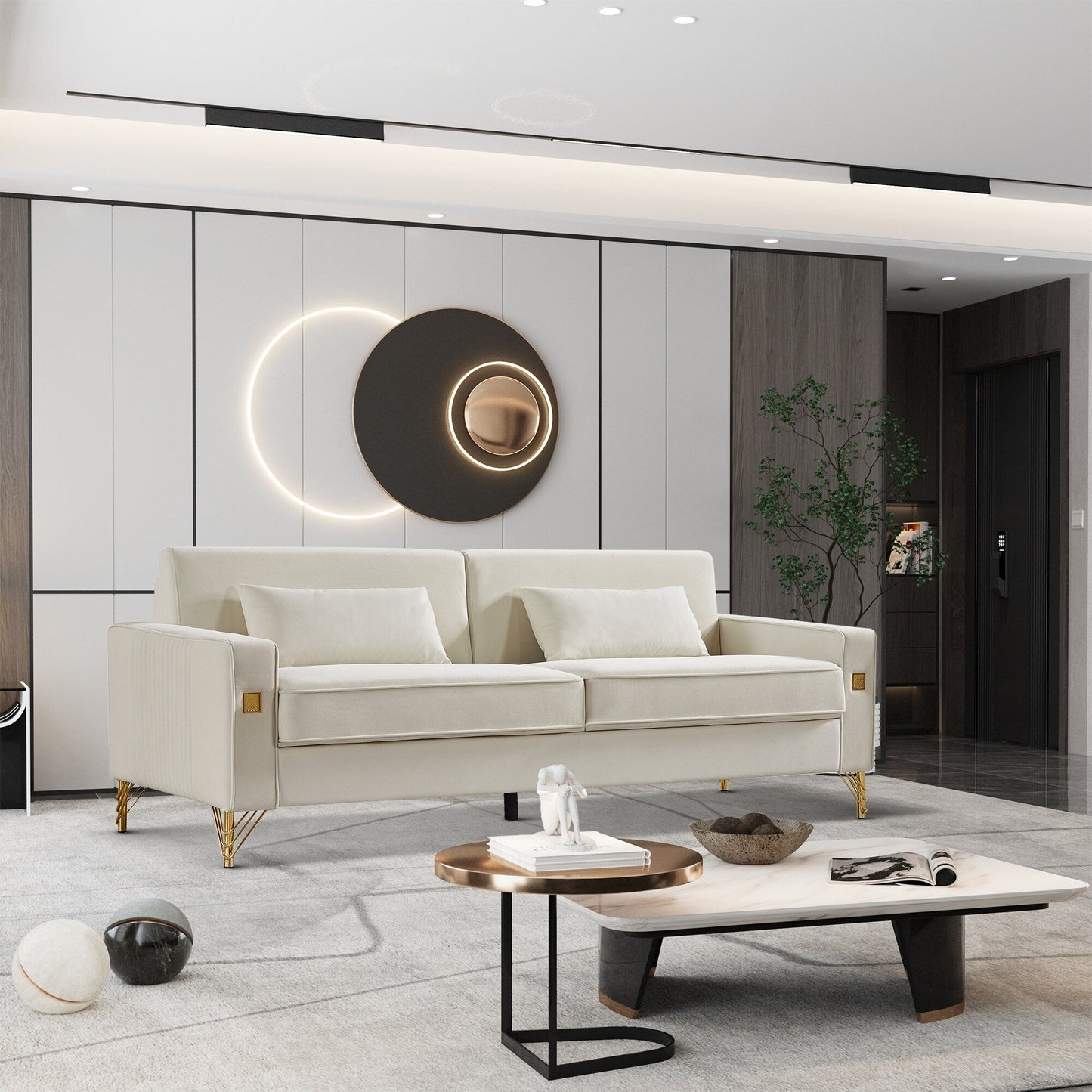 Weißes, modernes 85.44 Samt-gepolstertes Loveseat-Sofa mit goldenen Beinen und Kissen für das Wohnzimmer