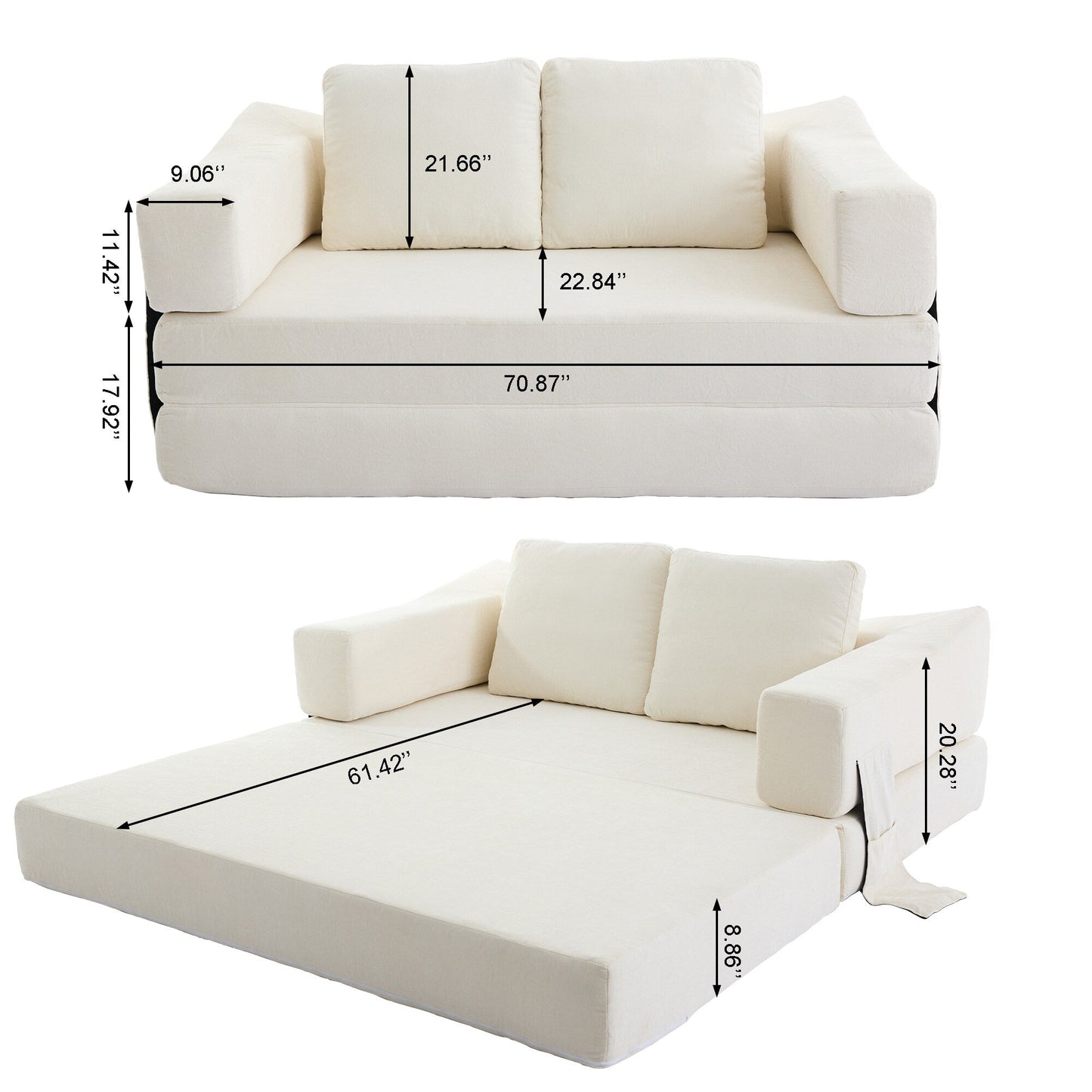 White Modern Minimalist 70.87 Chenille Loveseat Convertible Fold-Out Floor Sofa Bed with Removable Backrest for Living Room