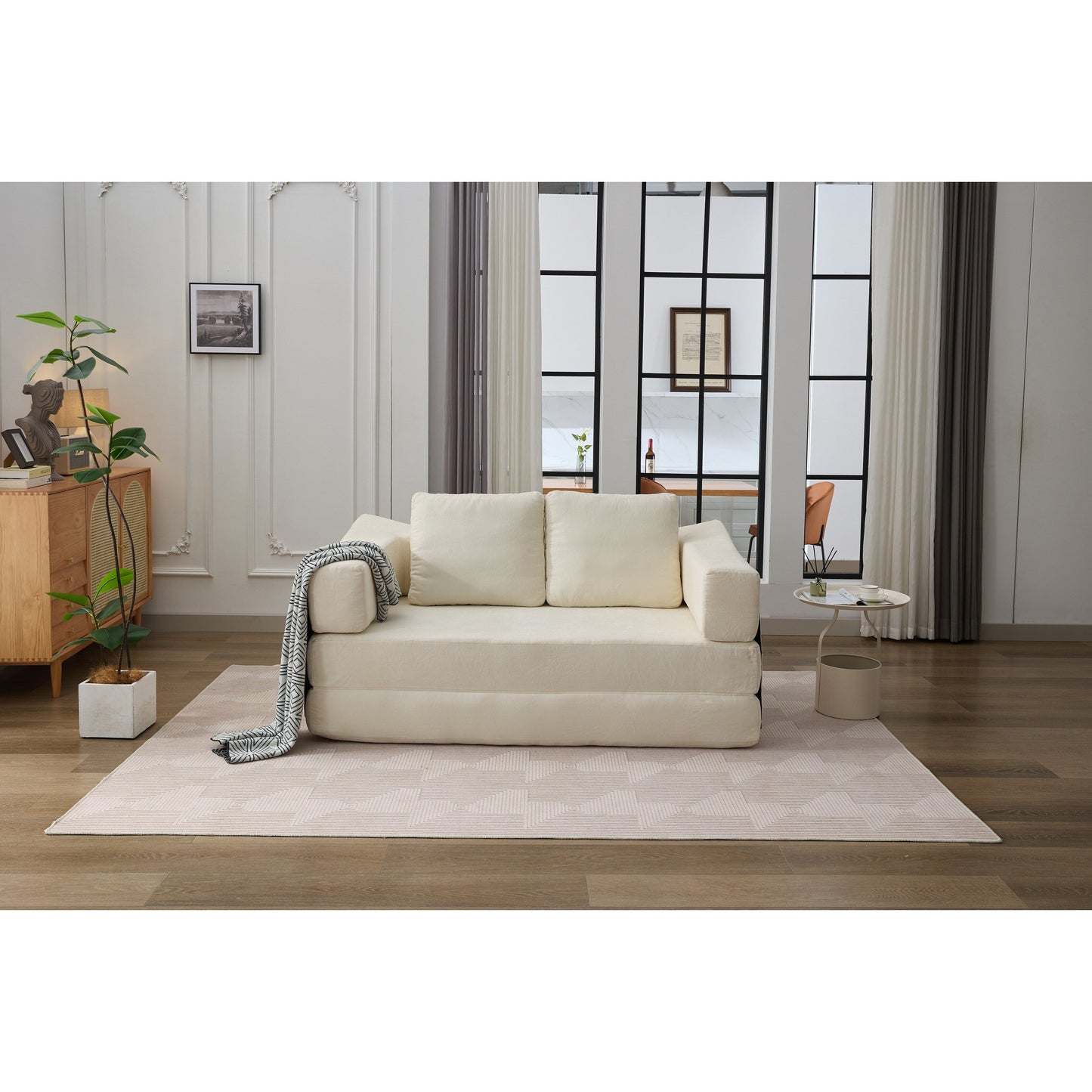 White Modern Minimalist 70.87 Chenille Loveseat Convertible Fold-Out Floor Sofa Bed with Removable Backrest for Living Room