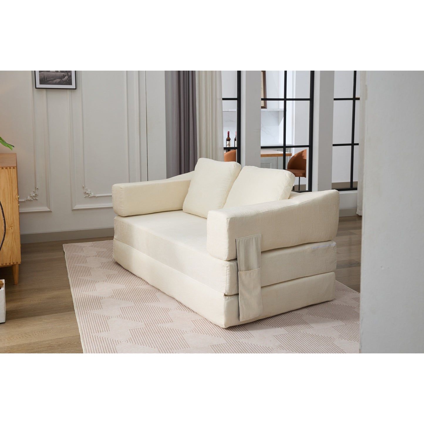 White Modern Minimalist 70.87 Chenille Loveseat Convertible Fold-Out Floor Sofa Bed with Removable Backrest for Living Room