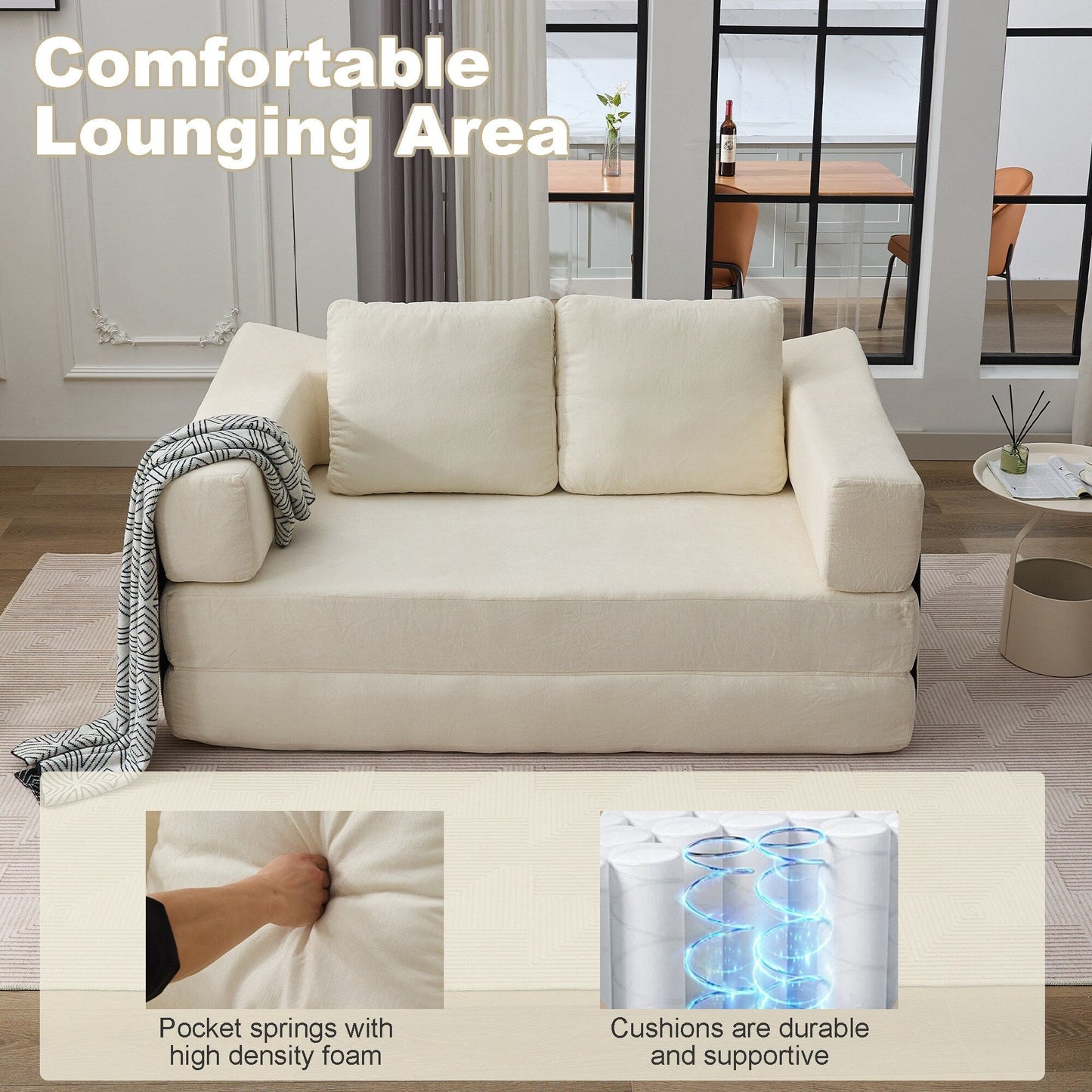 White Modern Minimalist 70.87 Chenille Loveseat Convertible Fold-Out Floor Sofa Bed with Removable Backrest for Living Room