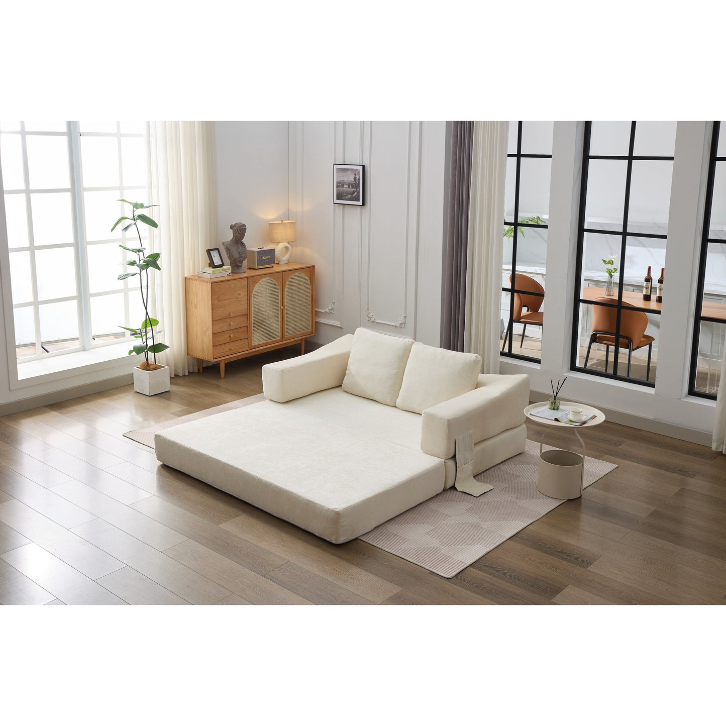 White Modern Minimalist 70.87 Chenille Loveseat Convertible Fold-Out Floor Sofa Bed with Removable Backrest for Living Room