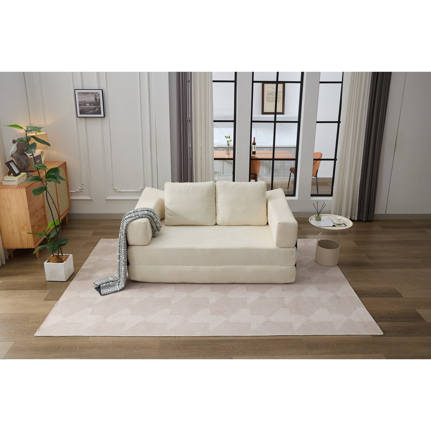 White Modern Minimalist 70.87 Chenille Loveseat Convertible Fold-Out Floor Sofa Bed with Removable Backrest for Living Room