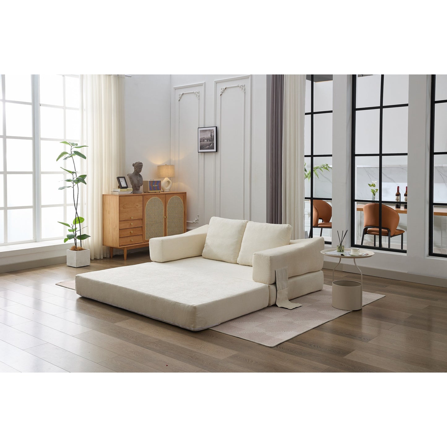 White Modern Minimalist 70.87 Chenille Loveseat Convertible Fold-Out Floor Sofa Bed with Removable Backrest for Living Room